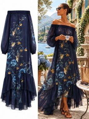 Ted Baker London Navy Blue Floral Off-Shoulder Maxi Dress